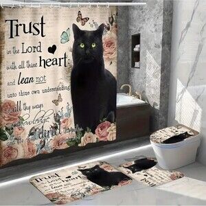 4-pcs. Black Cat Shower Curtain Set